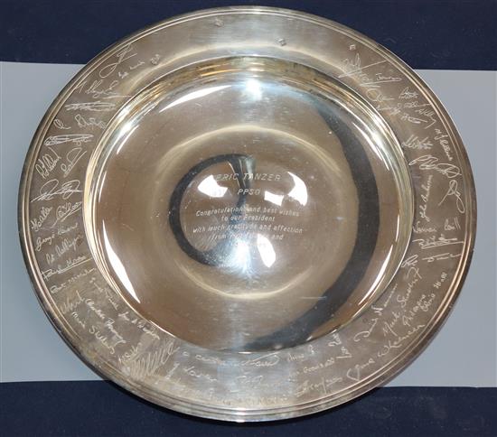 A silver presentation bowl, etched with facsimile signatures, Dia 34.5cm; approx 49oz